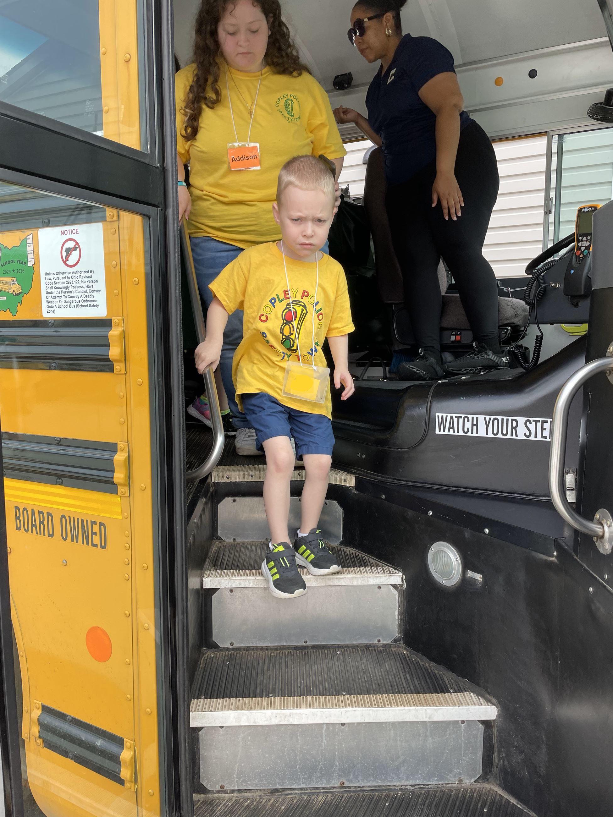 Safety Town Student Exits Bus at Copley Township Safety Center on Day 3 of Safety Town 2025