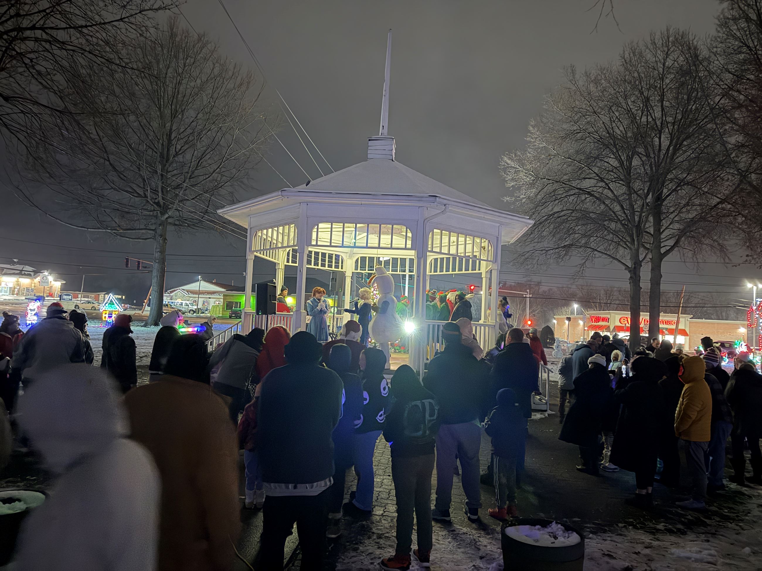 A group of people watch as disney characters perform songs in front of them, outside at night