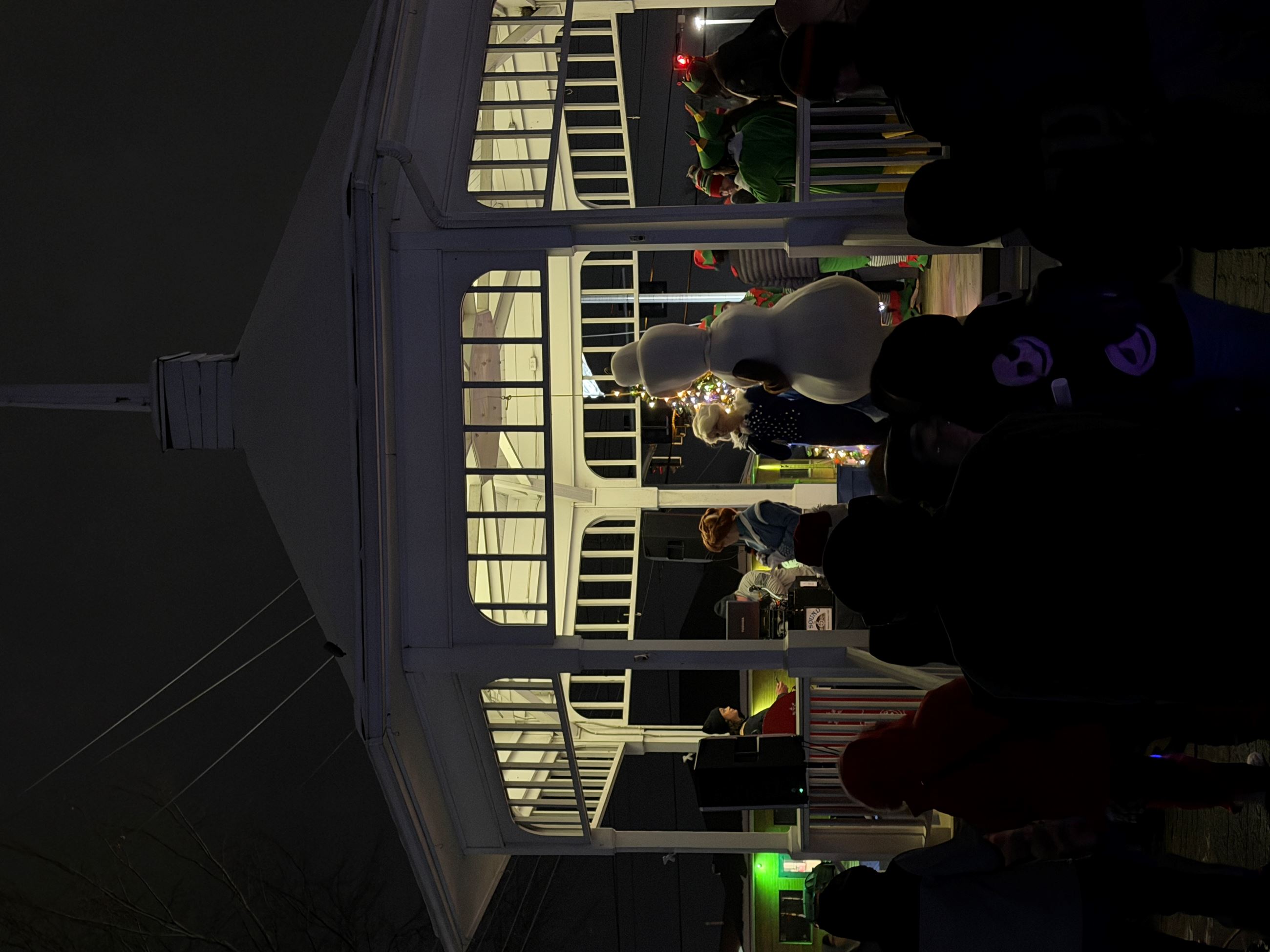 A group of people have their backs to the camera while ahead of them disney characters perform songs