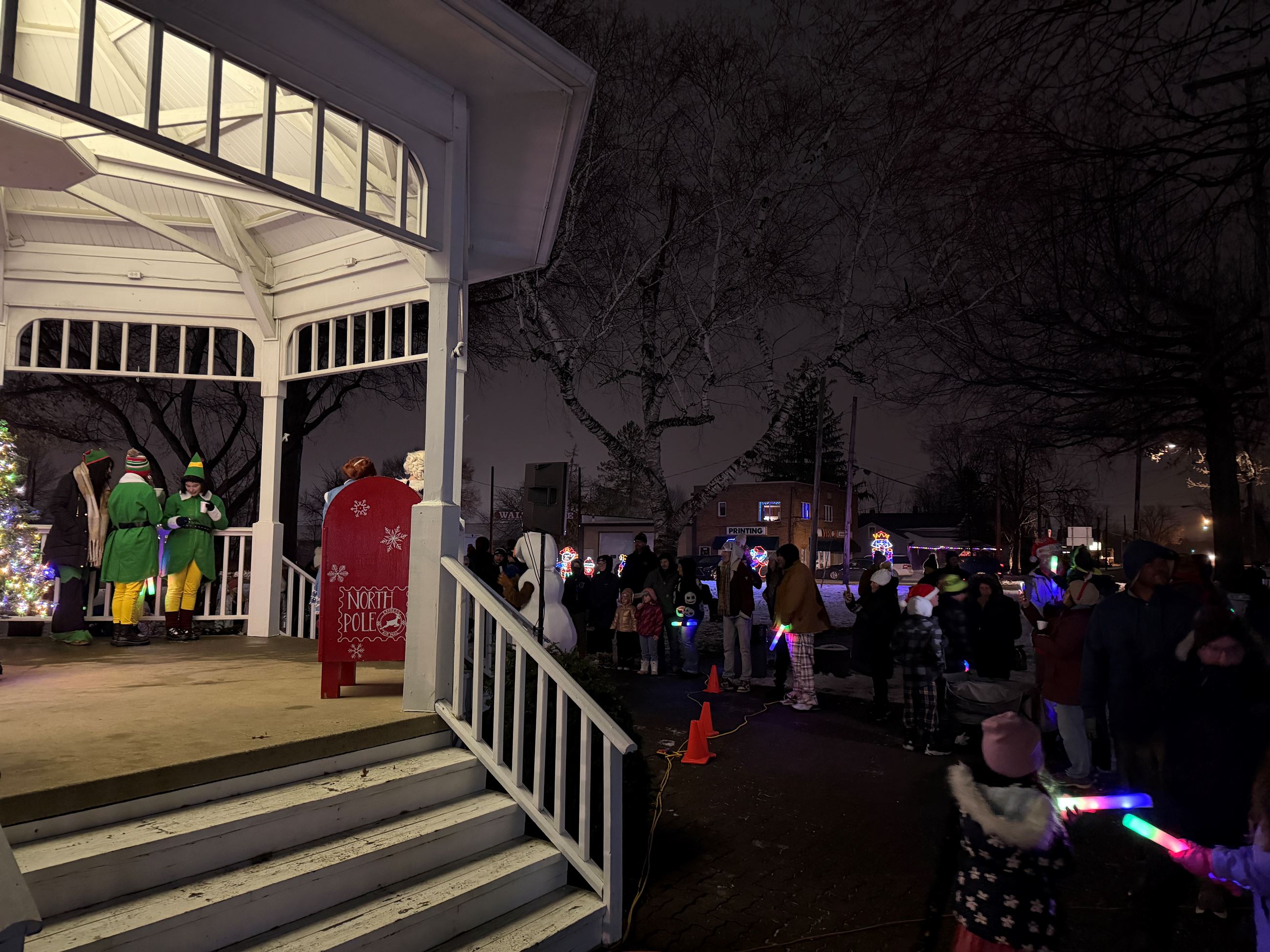 A group of people lined up on the right, while Elsa from Frozen performs a song to the outdoor crowd