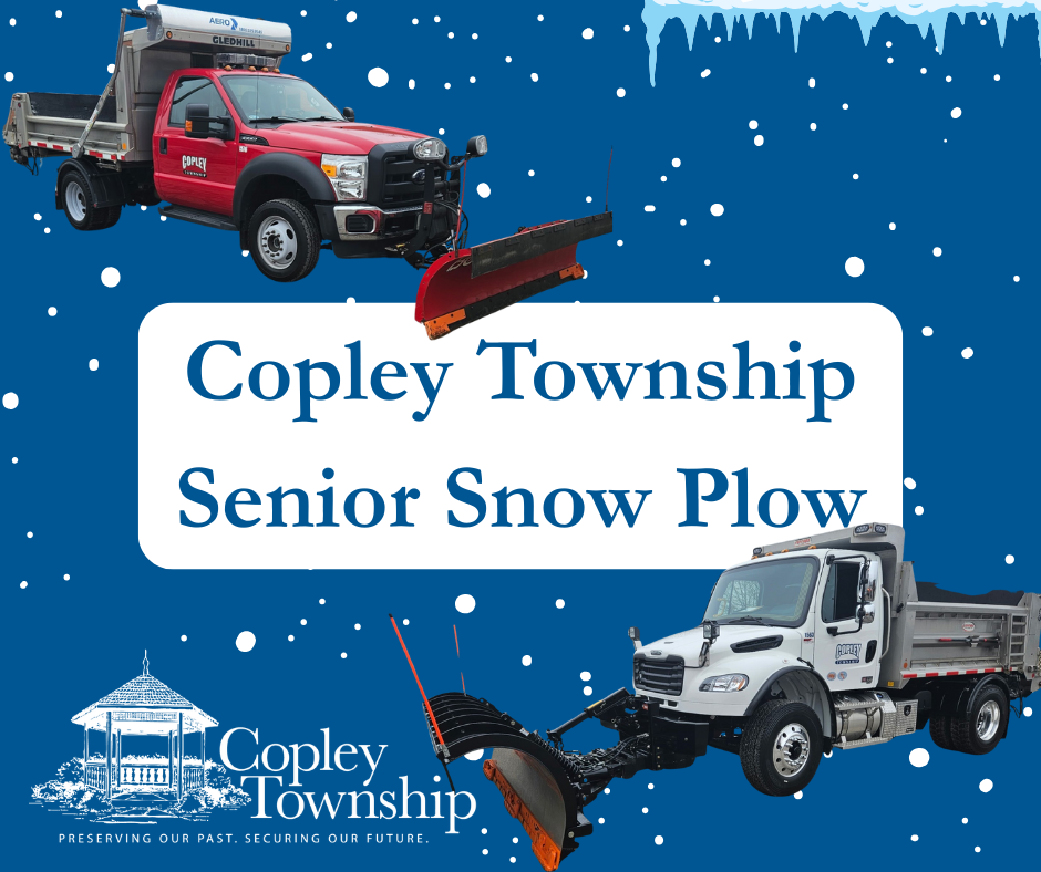 2 Copley Township Plow Trucks and Text that says \"Copley Township Senior Snow Plow\"